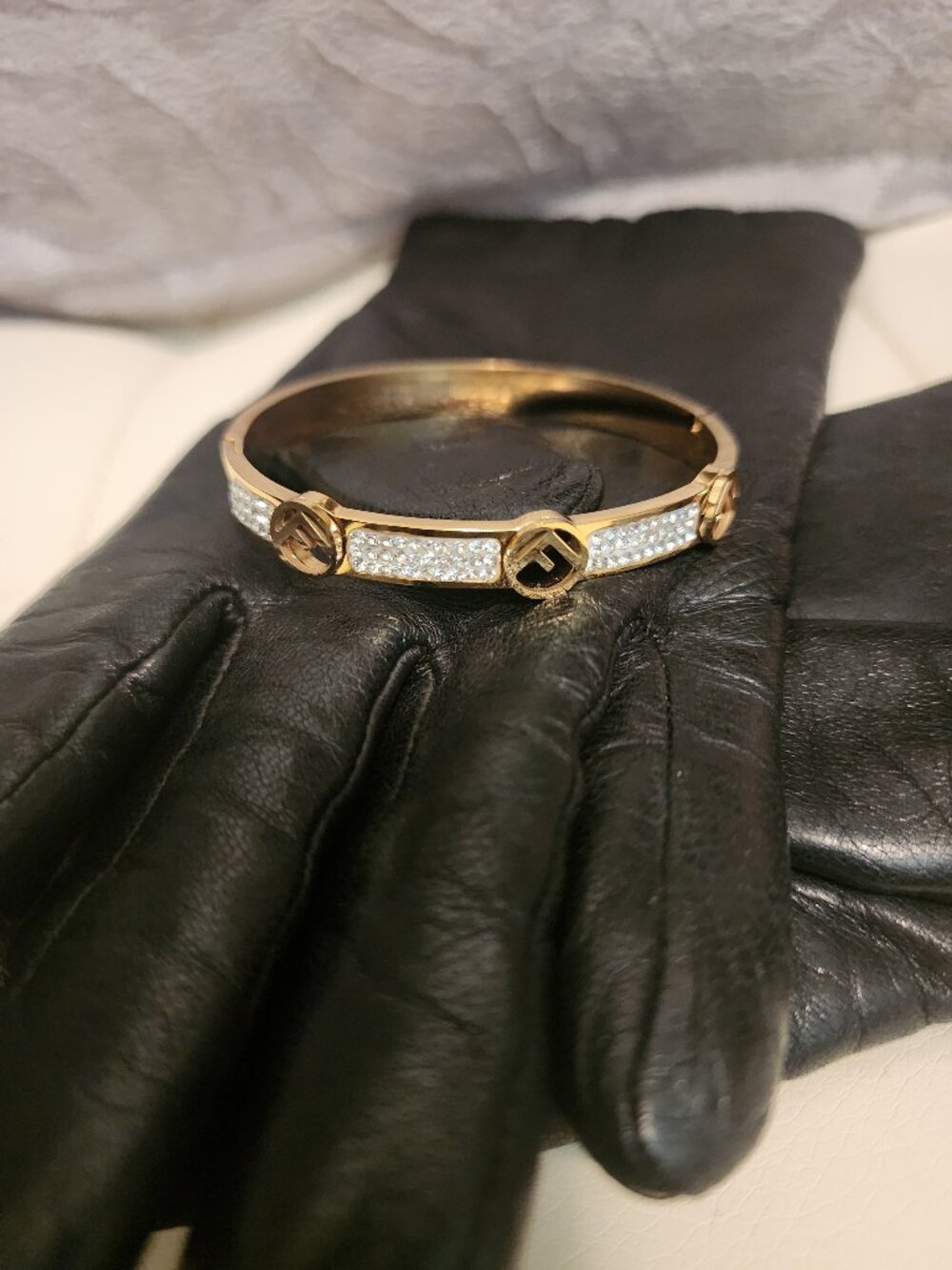 Gold & Rhinestone Cuff Bracelet with "F" Initial